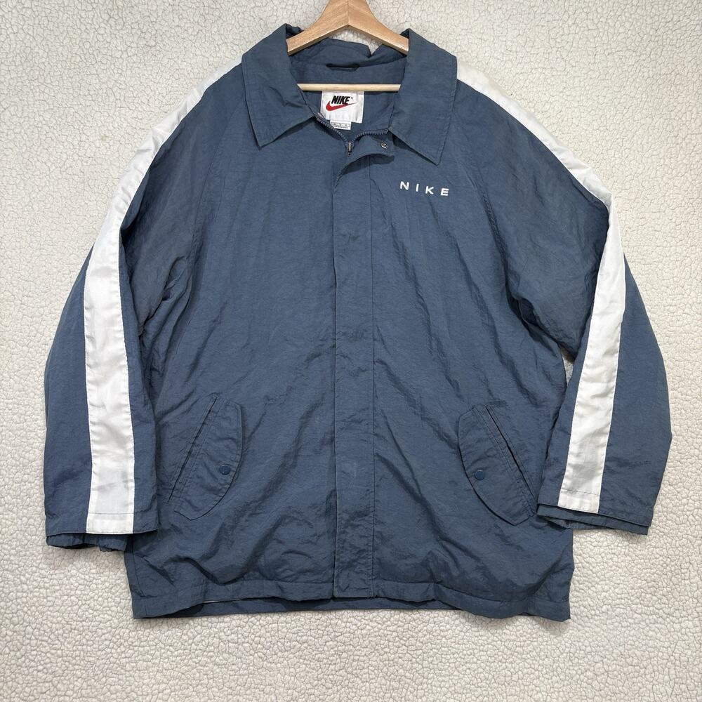 Vtg 90s Nike Jacket Mens XL Blue White Windbreaker Back Swoosh Spell Out Logo